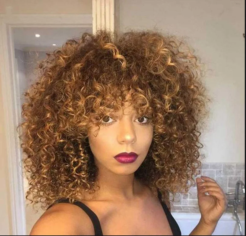 Kinky Curly Wigs Synthetic Afro Puff Wigs Brown Blonde Ombre Wigs for Black Women