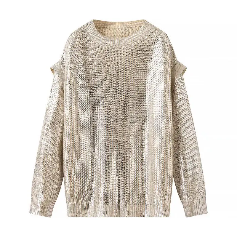 2024 Spring New Women\'s Retro Bronzing Silver Sweater Off Shoulder Long Sleeve Rib Knitted Pullover Knitted Sweater