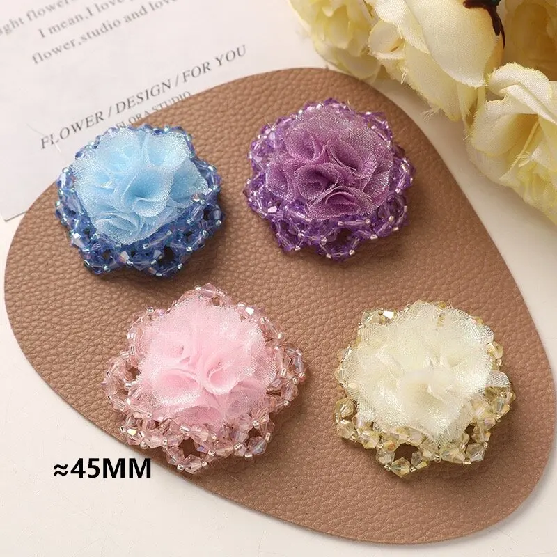 Large Fabric Flowers with Crystal Beads 4pcs for Headwear Applique Dress Sewing Supplies Patches Accessories Hairpin Decoration