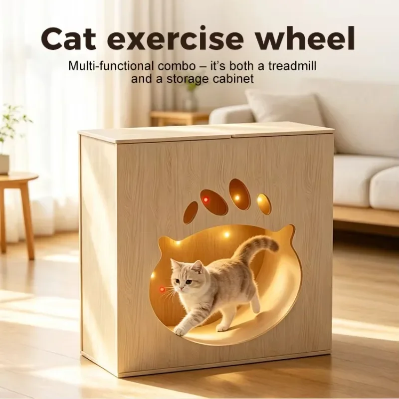 Indoor Running Wheel with Colorful LED Lights + Wooden Side Table with Drawer — 2-in-1 Pet Fitness & Decor