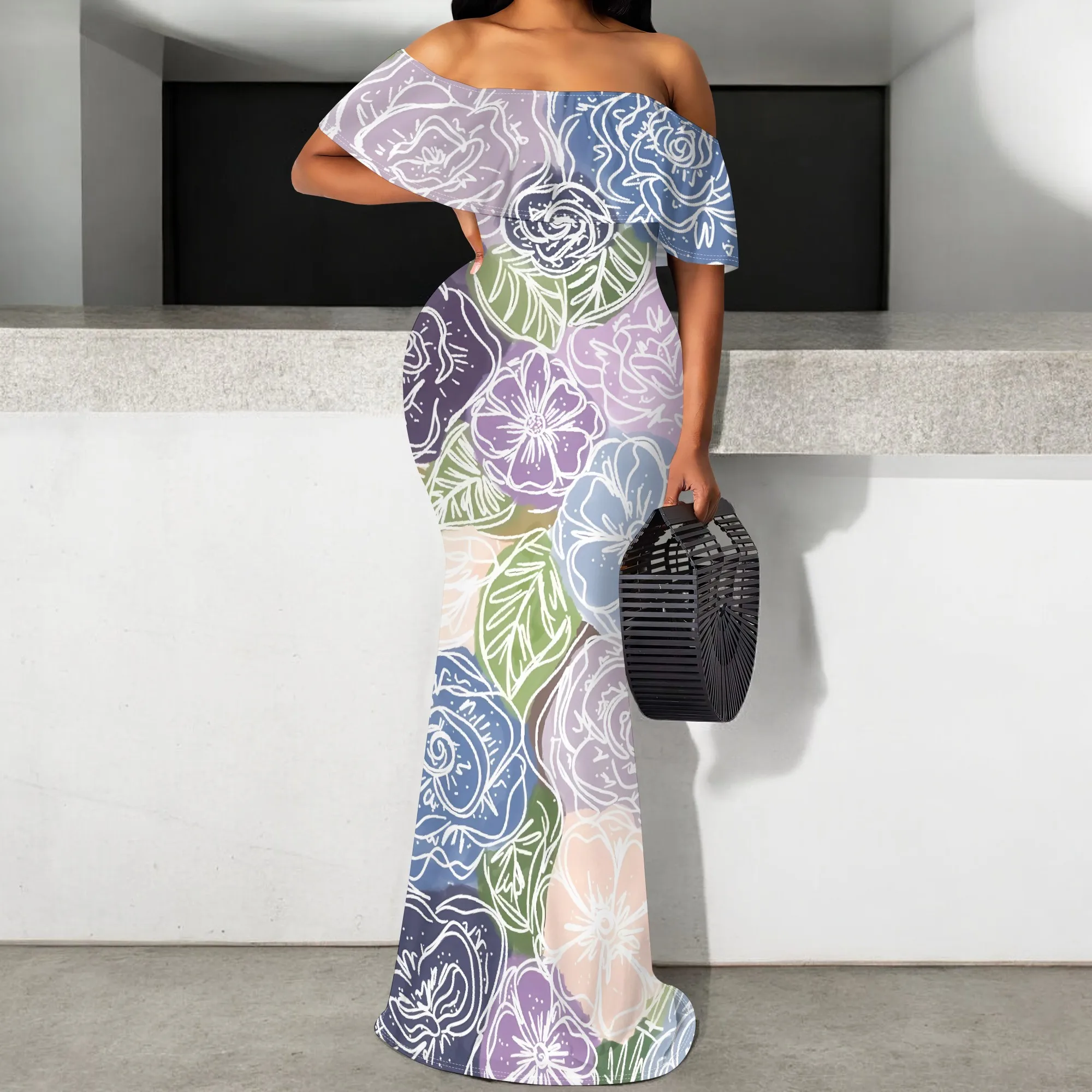 

Nupusa Off Shoulder Floral Maxi Dress Elegant Pastel Rose Print Bodycon Evening Dress