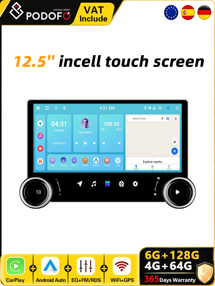 Podofo 12,5 Zoll 6+128G 2 Din Android Autoradio GPS Navigation WiFi BT Intelligentes Autosystem Kabelloses CarPlay Android Auto Universelles Auto-Multimedia-Player FM RDS Autoradio