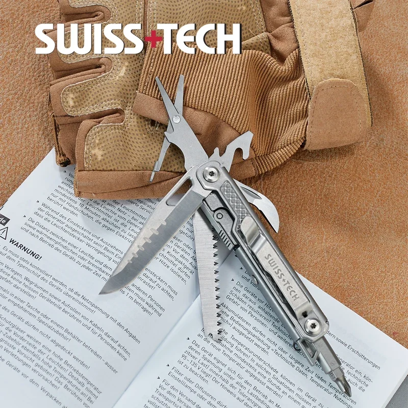 SwissTech 11 in 1 Folding Multitool Multi-functional Combination Tool Folding Scissors EDC Outdoor Equipment