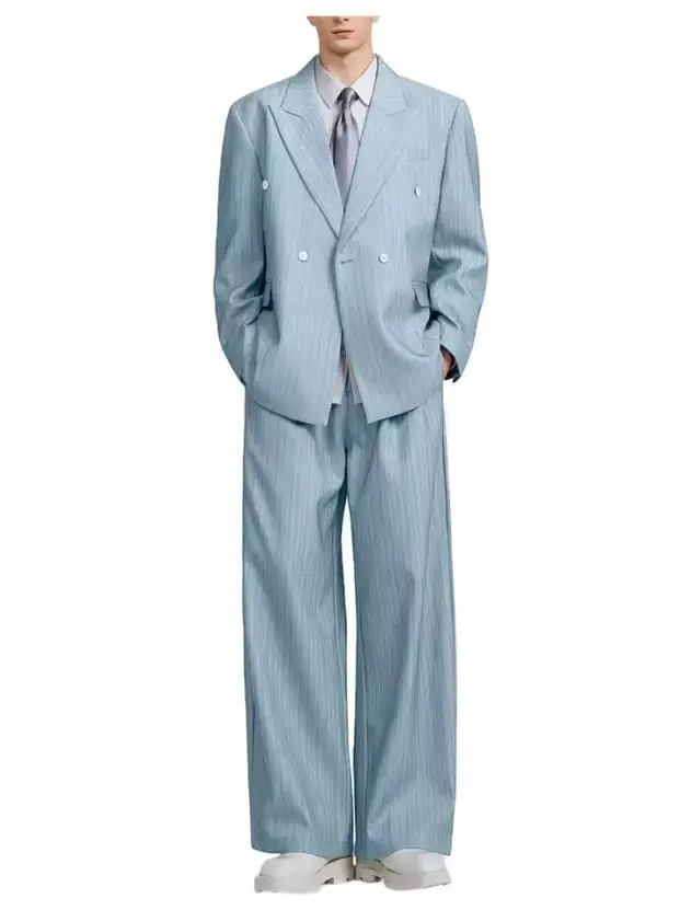 Pinstripe Men's 2 Piece Set Business Fashion Double Breasted Oversize Blazer Wide Leg Pants Casual Daily Wedding Prom Outfit