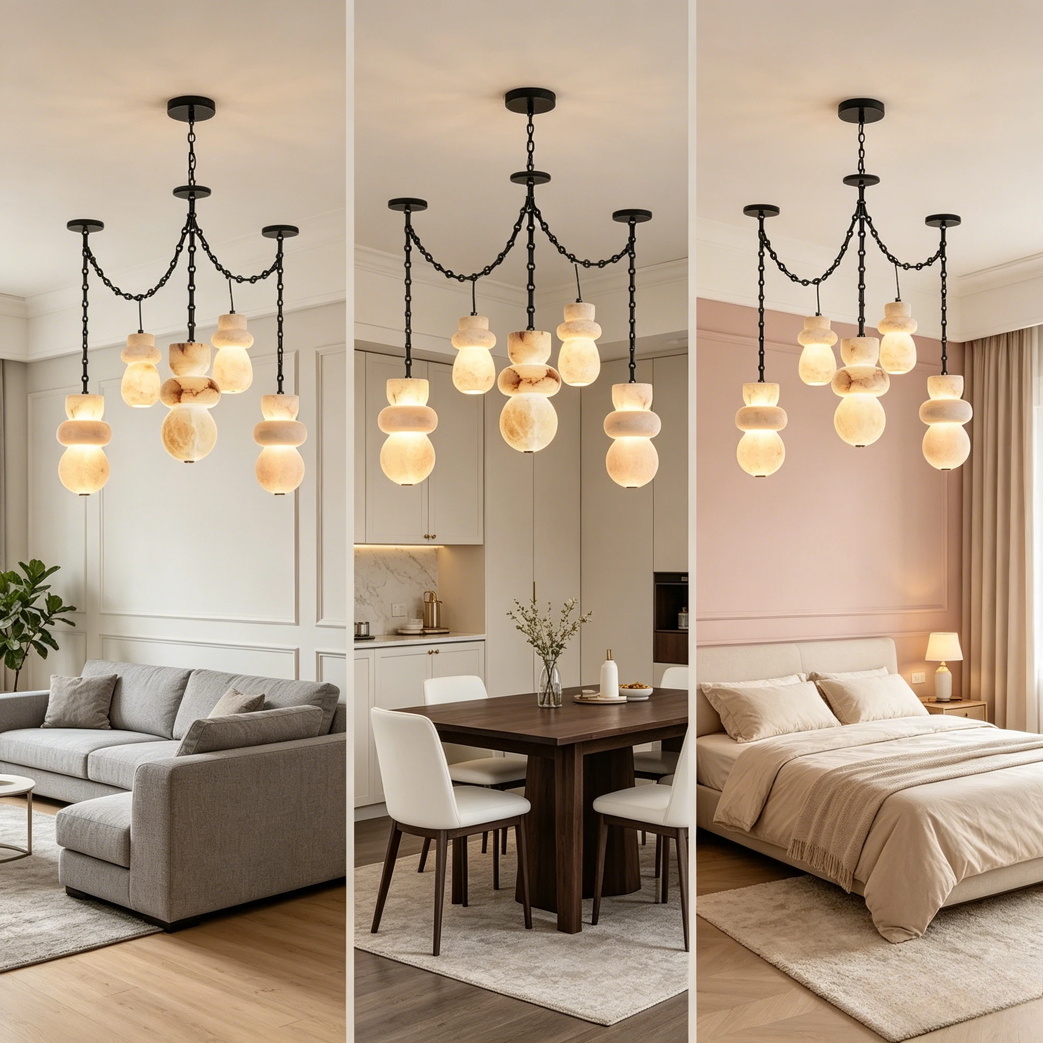 Alabaster Marble Chain Hanging Pendant Lights Collection for Dining Room Spanish Natural Marble LED Chandelier for Living Room