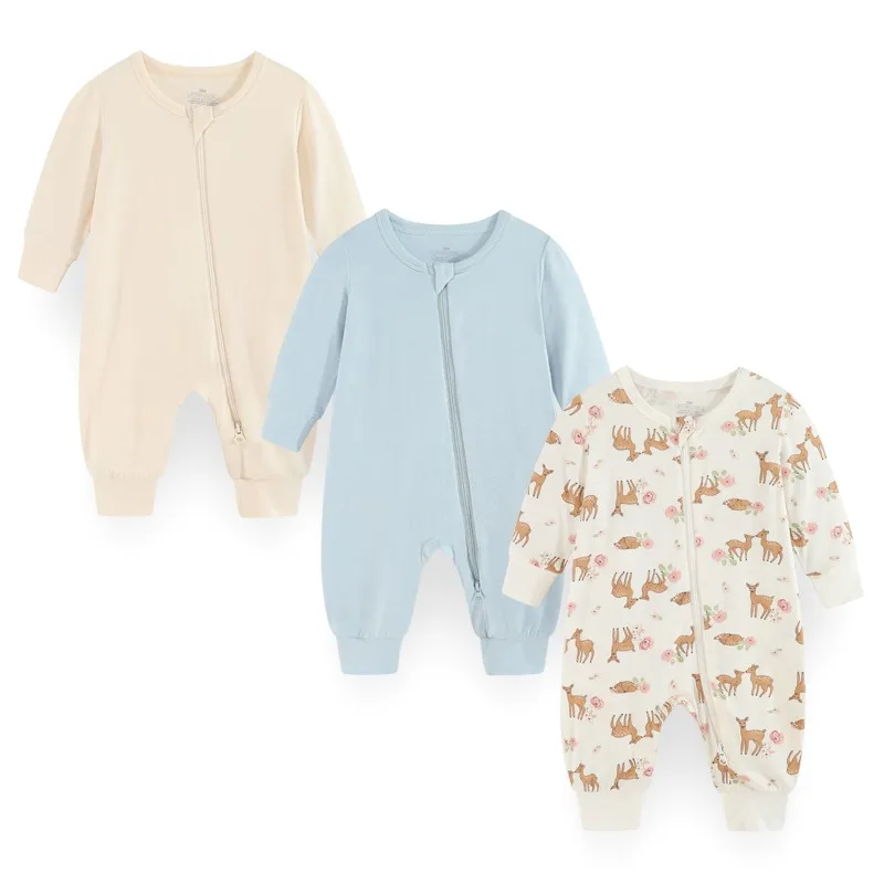 3 Pieces Bamboo Cotton Baby Boy Clothes 0-24M Two Way Zipper Newborn Baby Girl Clothes Solid Color Long Sleeve Autumn Print