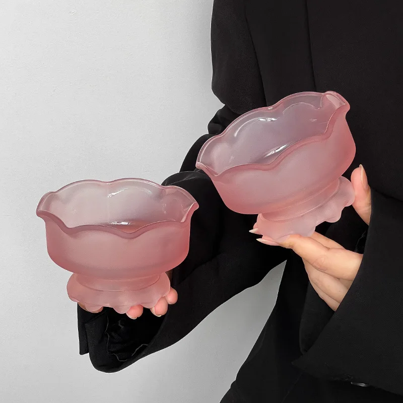 Ins Floral Shape Glass Bowl Transparent Pink Ice Cream Bowl Household Kitchen Cake Dessert Tableware Resturant Yogurt Salad Bowl
