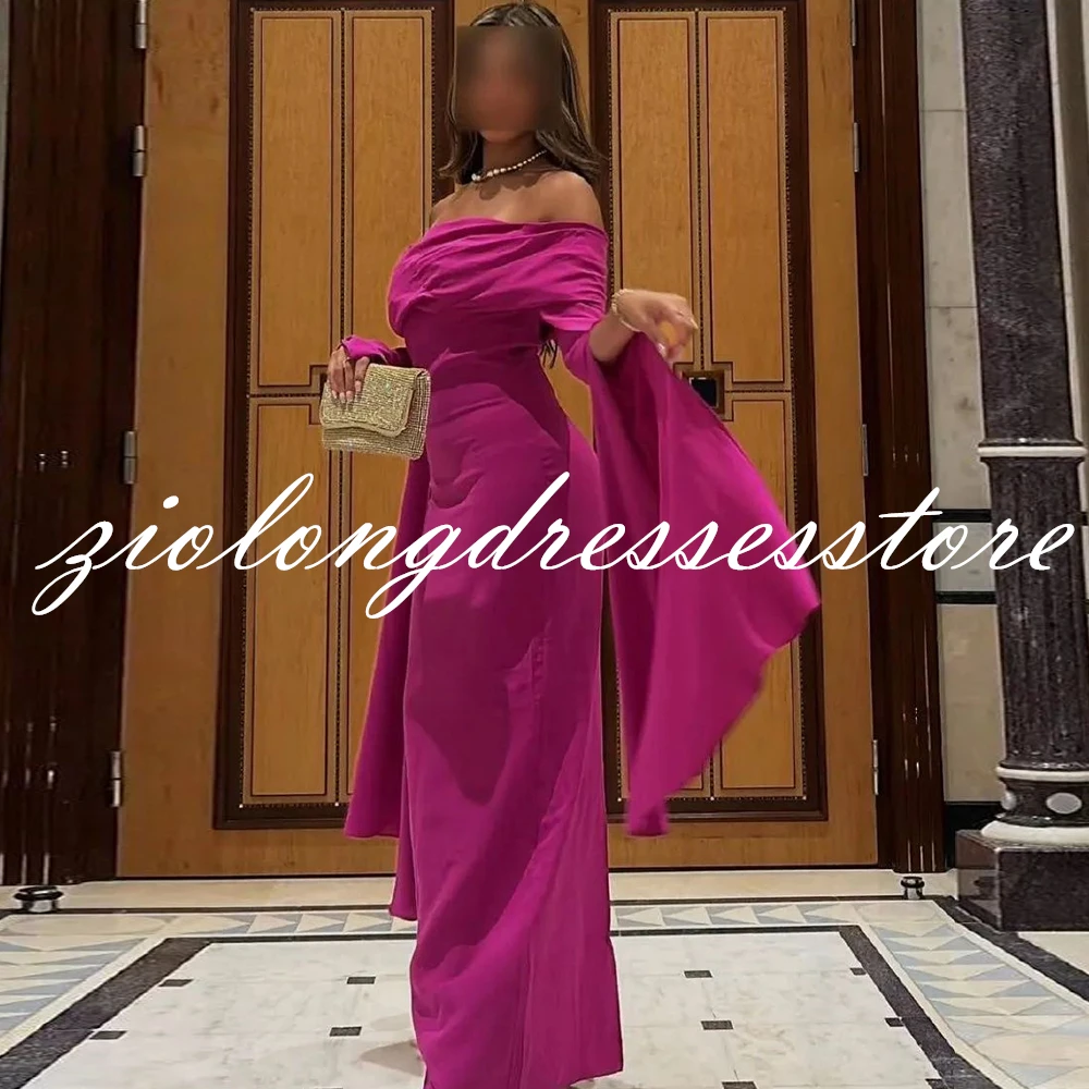 Elegant Evening Dress Purple Straight Boat Neck Floor Length Boat Neck Off the Shoulder Jersey Long Sleeves Pleats Saudi Arabia