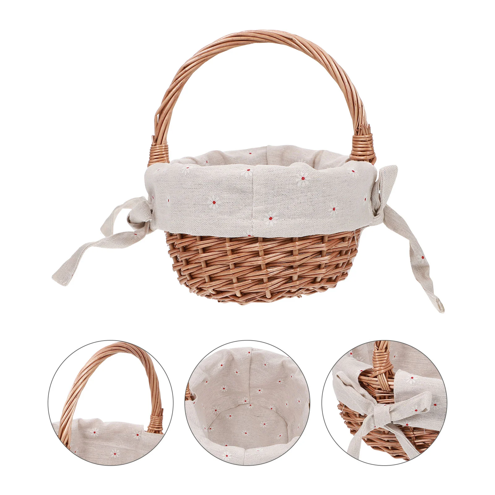 Basket with Handles Rattan Flower Retro Decor Woven Shopping Wicker Linen Round