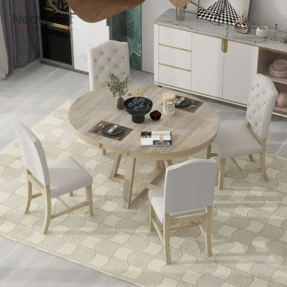 

5-Piece Retro Functional Dining Set, Round Table with a 16"W Leaf and 4 Upholstered Chairs for Dining Room and Living Room
