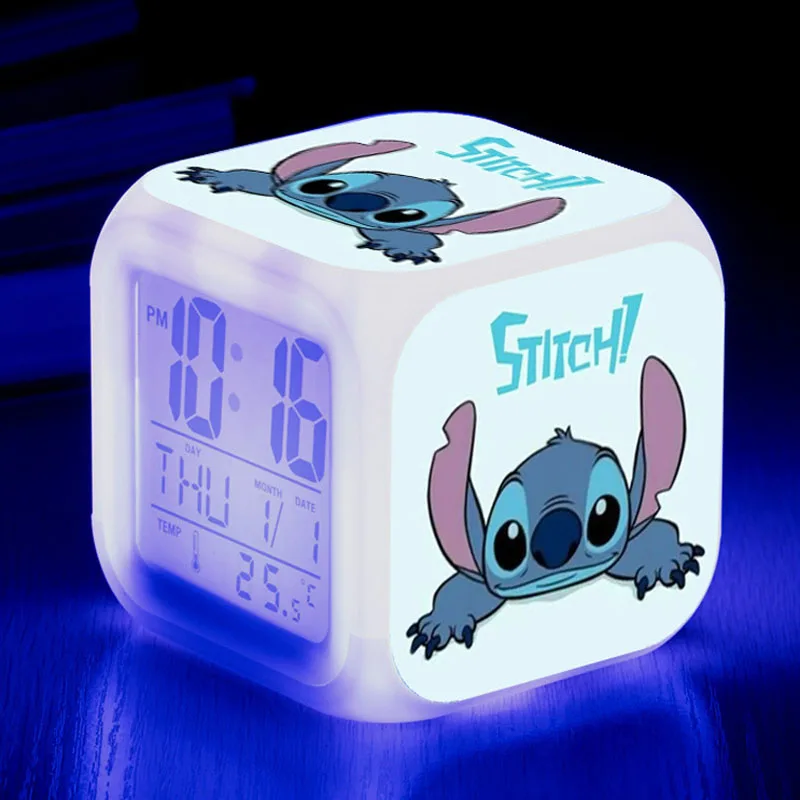 Disney Lilo Stitch Alarm Clock Growing LED Color Change Digital Light PVC Action Figure Toys for Kids Birthday Gift