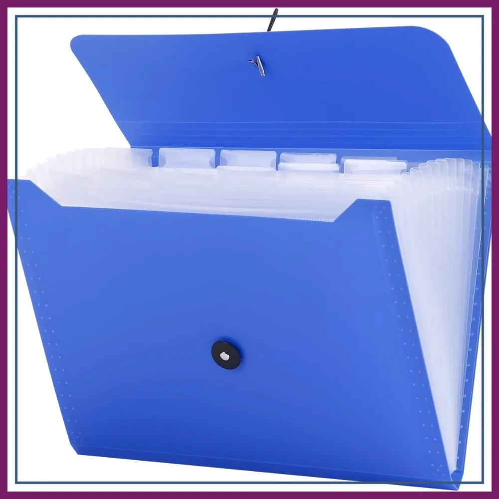 

13 Pocket Accordion File Folder, A4 Expanding Organizer with Tabs, Blue Plastic for Home School Office