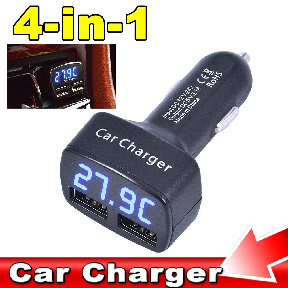 4 in 1 Car Charger 3.1A Dual USB Power Adapter Lcd Display with Temperature/voltage/current Meter Tester Adapter Display 12V-24V