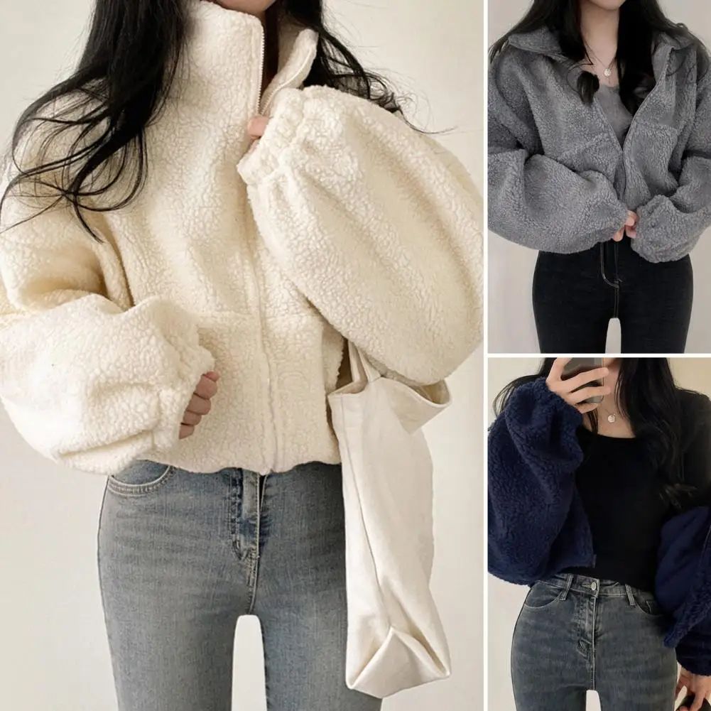 Winter Women Jacket Lamb Wool Thick Fleece Stand Collar Zipper Closure Long Sleeves Warm Windproof Heat Retention Outdoor Coat