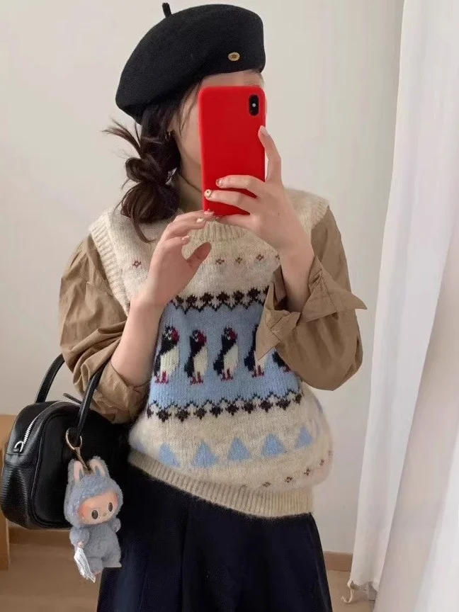 

Свитер с вышивкой пингвина из мультфильма, женский ранний осенний новый корейский свободный круглый вязаный жилет Ne Svel