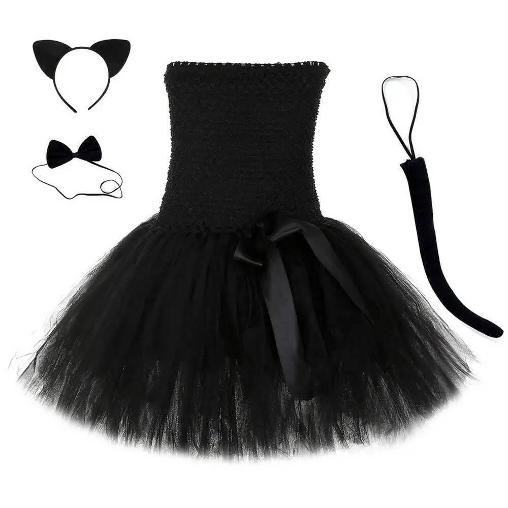 귀여운 검은 고양이 투투 드레스, 아기 소녀 생일 드레스, 유아 어린이 할로윈 의상, 어린이 동물 코스프레 복장, 단색 검정색