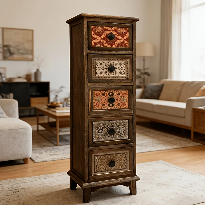 Vintage American Country Wooden Chest of Drawers, Fabric Rattan Nightstand Storage Cabinet for Bedroom, Home Organizer for Socks