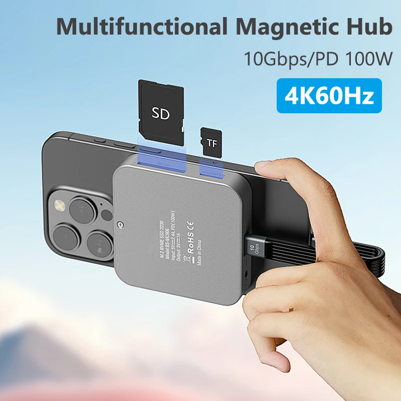 Magnetic USB C Hub with M.2 NVMe/ SSD HDMI-compatible 4K 60Hz PD 100W Type-C Docking Station For Macbook iPhone 16/15 Pro 10Gbps