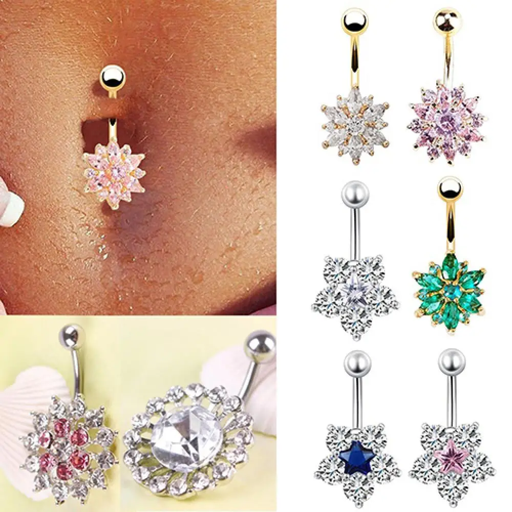 Women Rhinestone Flower Belly Button Navel Ring Bar Body Piercing Jewelry Charm piercing ombligo waist beads