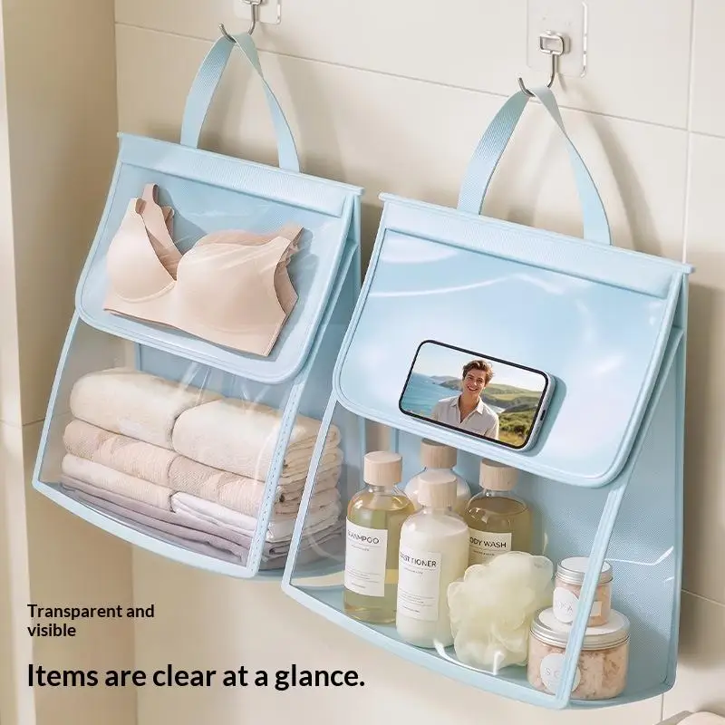 Wasserdichte Badezimmer-Aufbewahrungstasche zum Aufhängen, große Kapazität, mit Tasche für das Smartphone mit Touchscreen, keine Bohrung erforderlich, Wandmontage, Nass- und Trockenbereich getrennt. – Detail 3