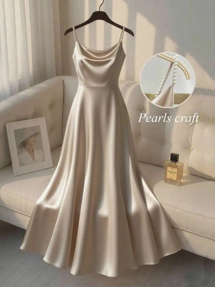 

Elegant Satin Slip Dress with Pearl-Embellished Straps, A-Line Cut
