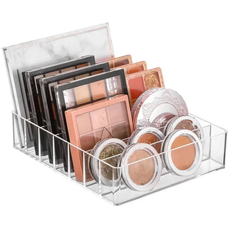 Organizador de paleta de sombra de ojos, organizador de exhibición transparente con 7 compartimentos, elegante estante de almacenamiento para dormitorio, tocador y encimera