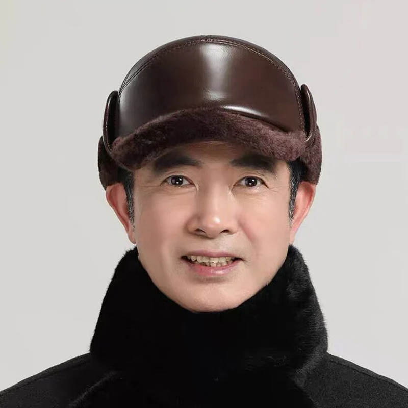 2024 Winter Men\'s Hat Thicken Leather Cowskin Baseball Caps Bomber Hats With Ears Warm Dad\'s Hats Sombrero De Cuero Del Hombre