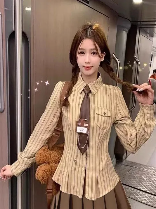 

Женская приталенная рубашка в корейском стиле с длинным рукавом, в полоску, на пуговицах, удобная для повседневной носки, из трикотажной ткани