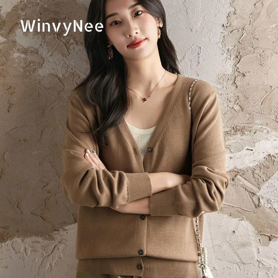 

Женский кардиган WinvyNee с длинными рукавами из чистого хлопка, однотонный, с глубоким V-образным вырезом, эластичный, легкий, модный, простой, повседневный, B1092013
