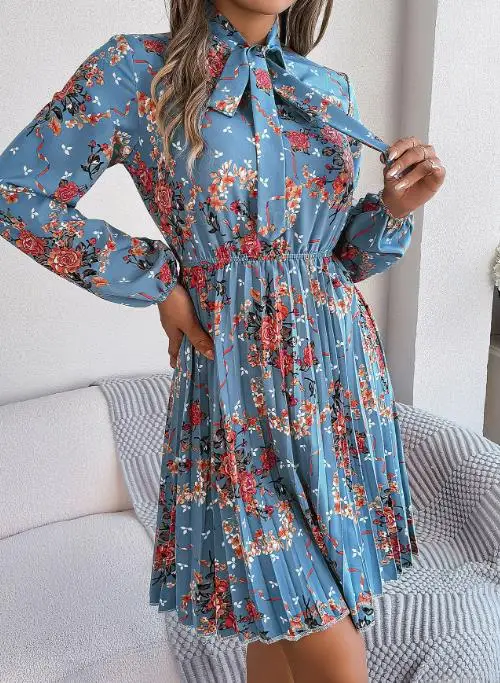 2025년 여성 의류 가을 겨울 우아한 꽃무늬 허리 묶음 긴팔 플리츠 스커트 인기 판매 사진