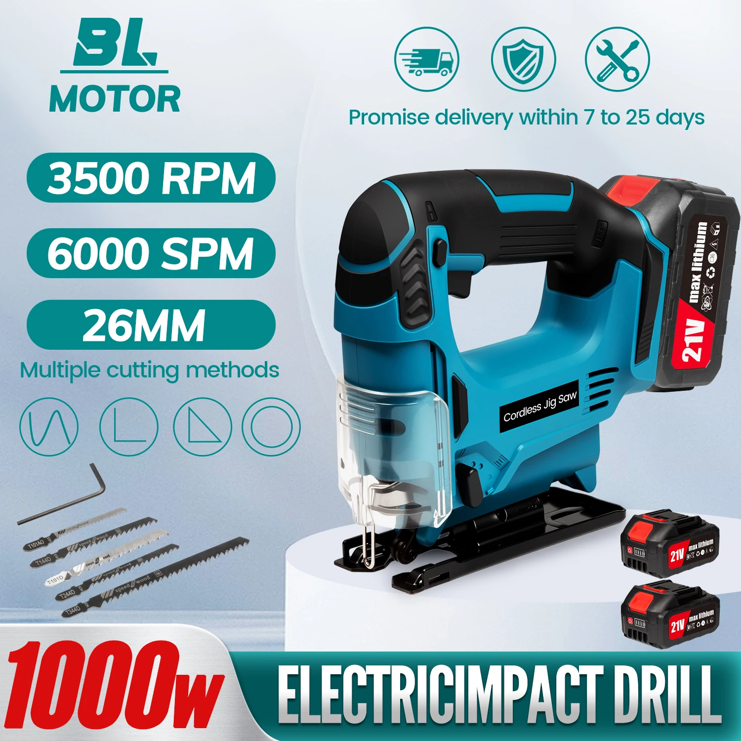 

18v Portable Cordless Jig Saw 26mm Electric Curved Saw LED Light Multi-Function Cutting Woodworking Tool for Makita 18V Battery
