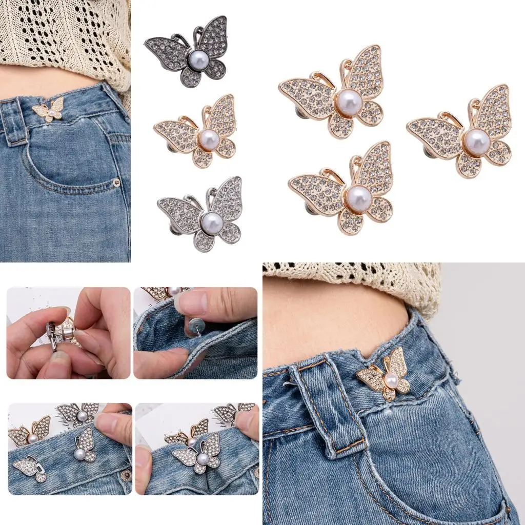 

M6CD 3PCS Fashionable Pearls Rhinestones Butterfly Waist Tightening Clip Waist Tighteners For Loose Pants Jeans Women Girl Use