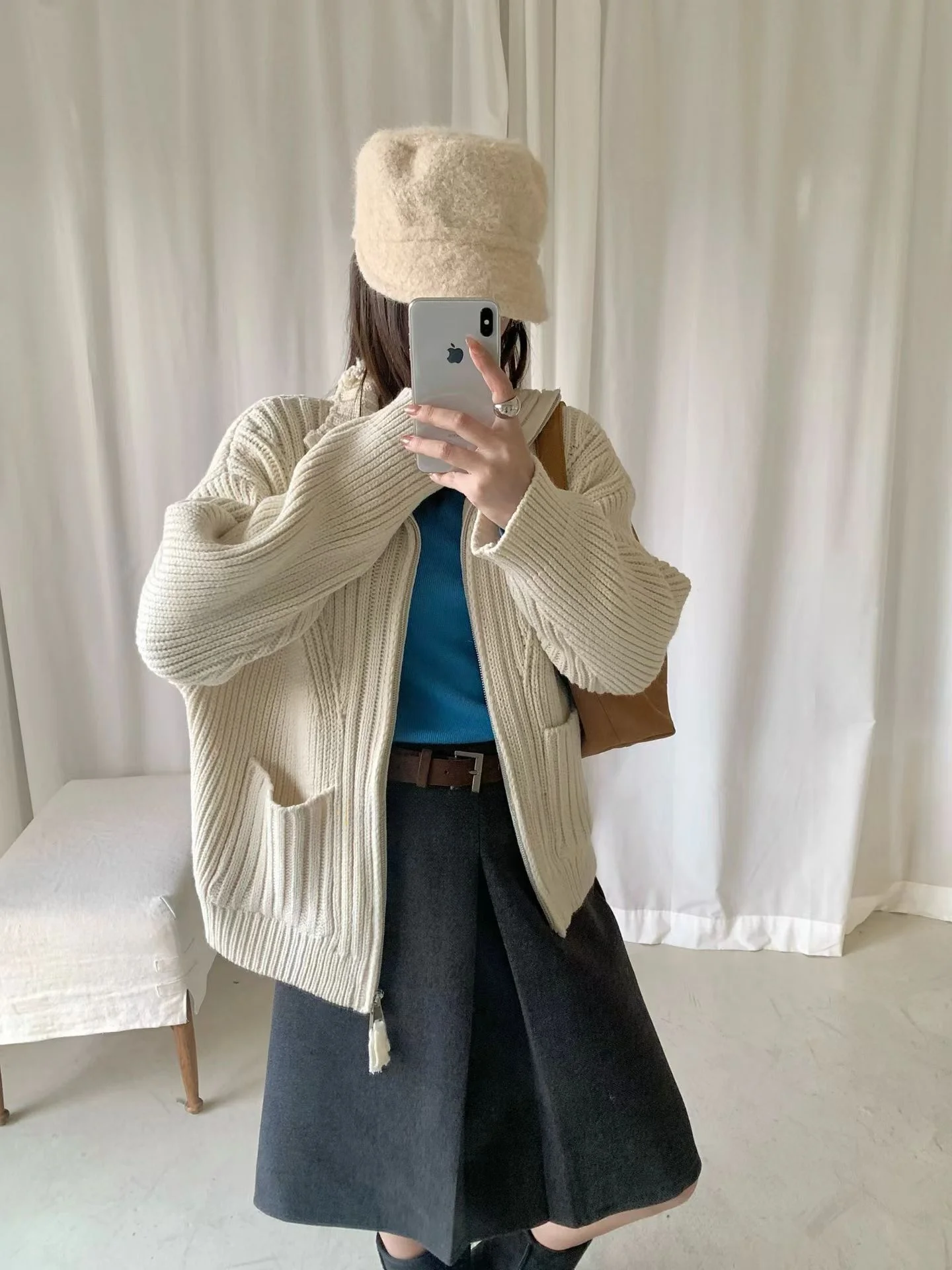 Koreański sweter-kabát z dzianiny, podwójny zamek błyskawiczny, wysoki kołnierz, wzór ket, styl Dongdaemun, nowość, odzież wierzchnia na jesień i zimę.