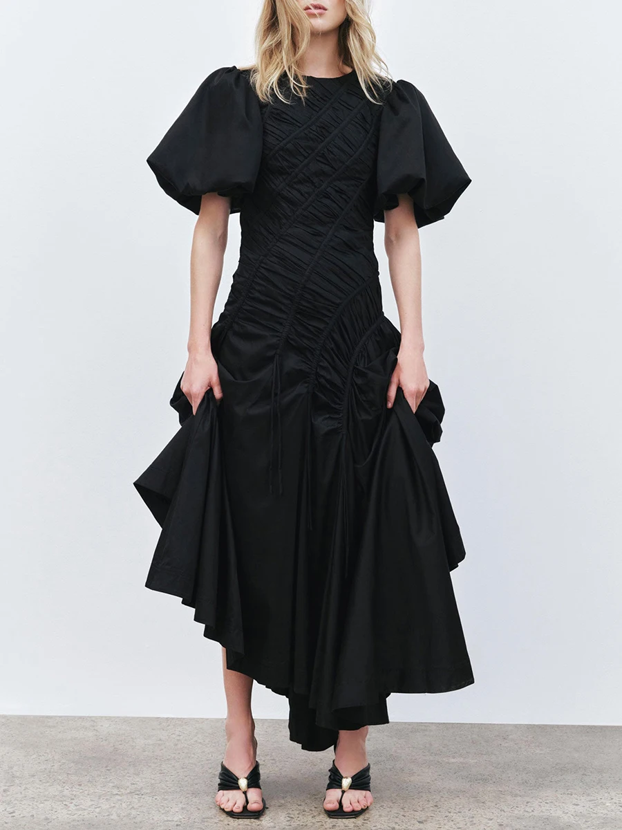 VGH Solid Spliced Drawstring Folds Designer Maxi Dress for Women O Neck Puff Sleeve High Waist Elegant Party Dresses Female New - Image 3