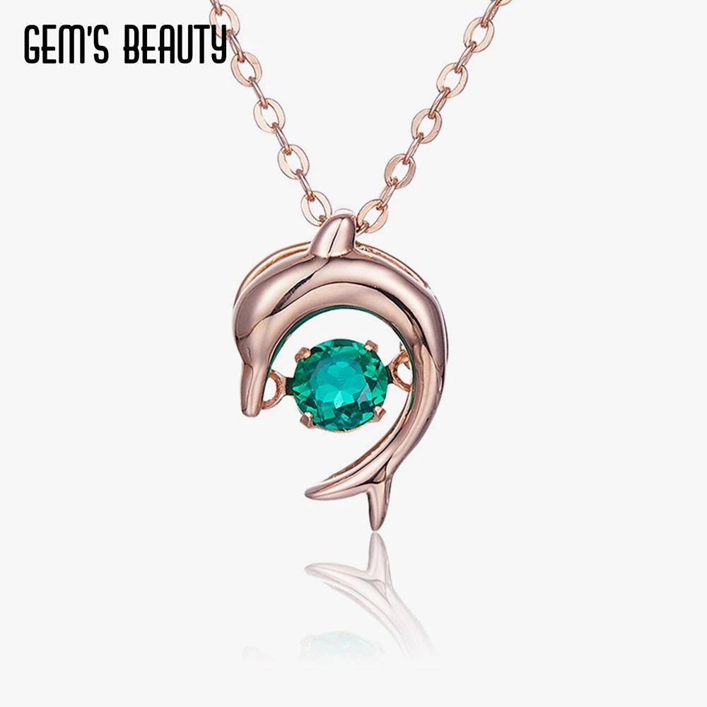 Gem's Beauty Solid 925 Sterling Silver Fine Jewelry Lab Green Emerald Dolphin Pendant Necklace Luxury Dropshipping Wholesale