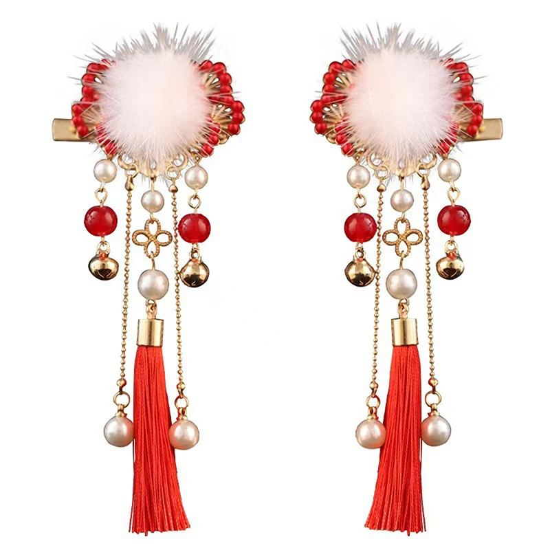 1 Pairs Red Fur Ball Tassel Bell Hair Clips Gilr Hairpins Hair Accessories Ancient Style Barrettes Kid Headdress