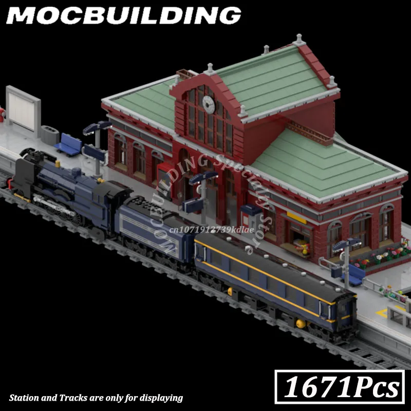 Conjunto de trem largo com 7 pinos, modelo de exibição, acessórios de ferrovia, blocos de construção moc, brinquedos diy, presentes, presente de natal