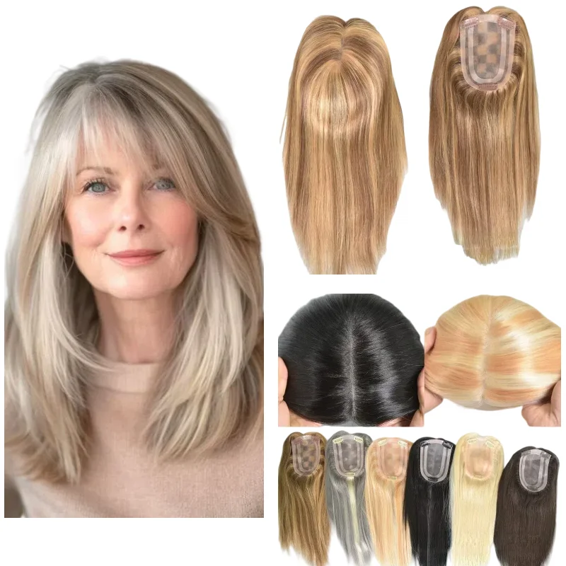 

Women's Human Hair Topper Hand Tied Mono Pu Base 4x6inch 12inch Middle Part For Adding Density