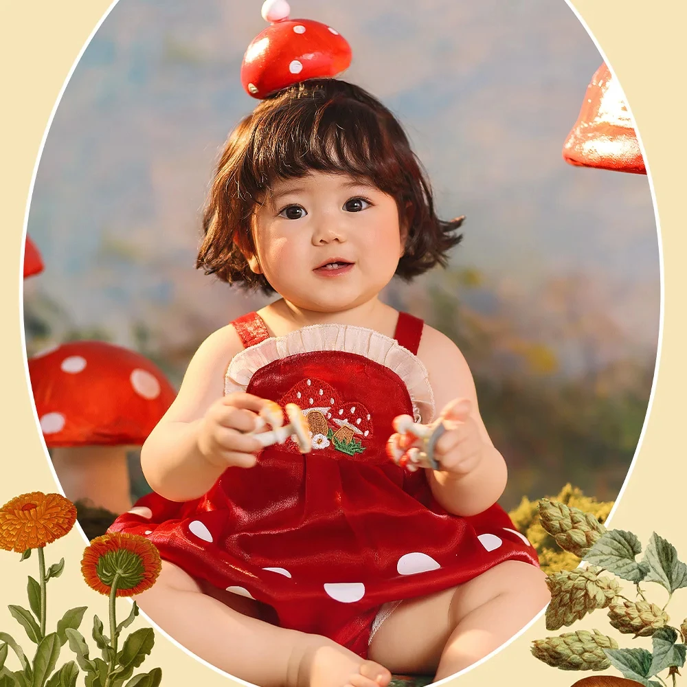 Baby Girl Photography Clothing Little Red Riding Hood Theme Jumpsuit + Hat Suit Red Polka Dot Mushroom Skirt Studio Photo Outfit