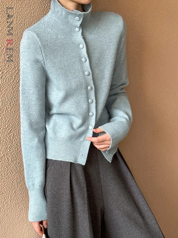 

[LANMREM] Knit Cardigan Sweater For Women Stand Neck Single Breasted Minimalism Solid Coats Fashion Tops 2024 Winter New 26C1123