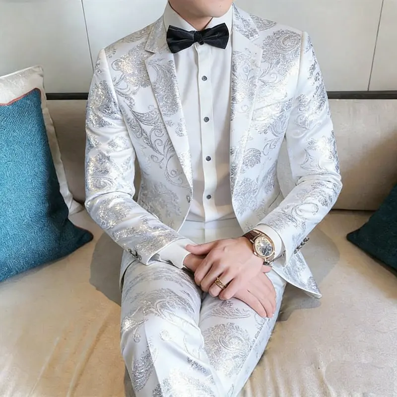 

Casual Faion Floral Suit Set Gold Emed Two-Piece Briti Sle Suit Youth ular Stand Fit Polyester Fiber