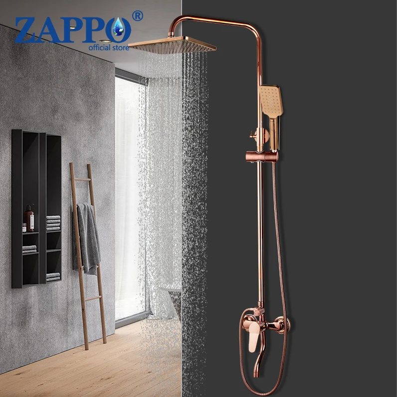 ZAPPO Rose Gold Exposed Shower System w/ Handheld Spray and Bath Tub Faucet Wall Mount Single Handle Outdoor Shower for Bathroom