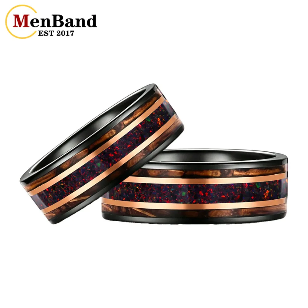 men's-8mm-tungsten-carbide-wedding-band-black-fire-opal-whiskey-barrel-wood-inlay，-dual-rose-gold-stripes-design-comfort-fit