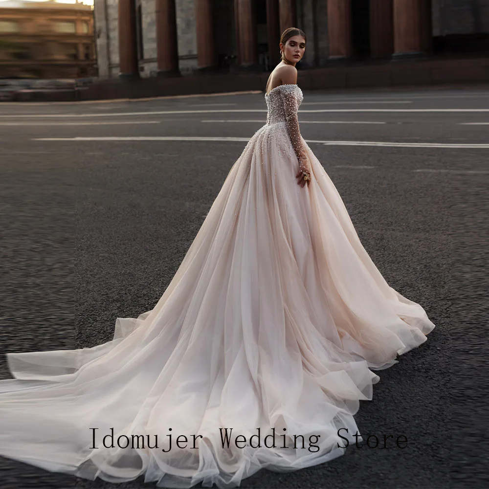 

Champagne Tulle Off Shoulder Long Sleeve Beaded Wedding Dress Ball Gown Floor Length Train Formal свадебное плать