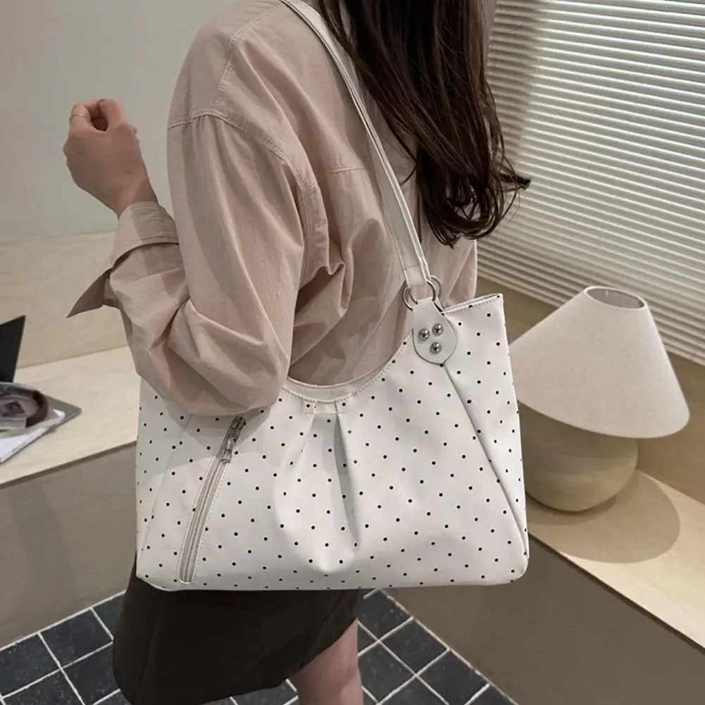 Damen-Umhängetasche, Vintage-Polka-Dot-Design, Pendler-Tragetasche, große Kapazität, PU-Leder-Handtasche, Unterarmtasche für Schule, Büro und den täglichen Gebrauch. – Detail 7