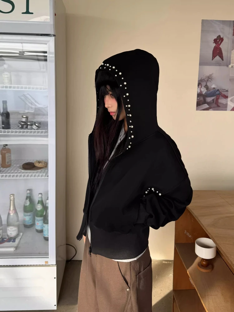 2025 Autumn Harajuku Black Jackets with Hooded Women Y2k Clothing Design Elegant American Retro Coats Korean Fashion