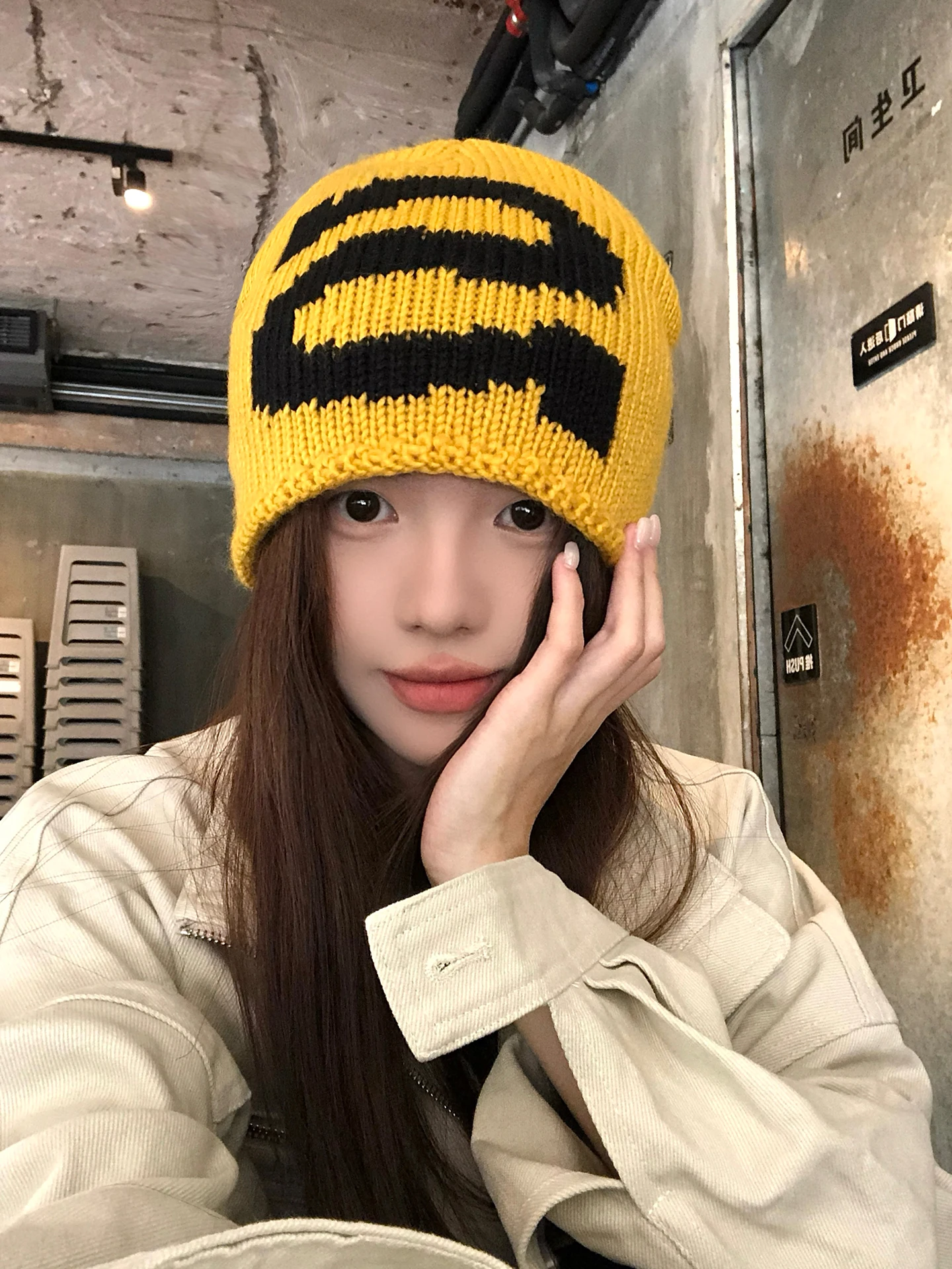 Korean Style Color Block Letter Knitted Woolen Cap Women's Loose Fit Big Head Size Face Slimming Spring Autumn Seasonal Hat