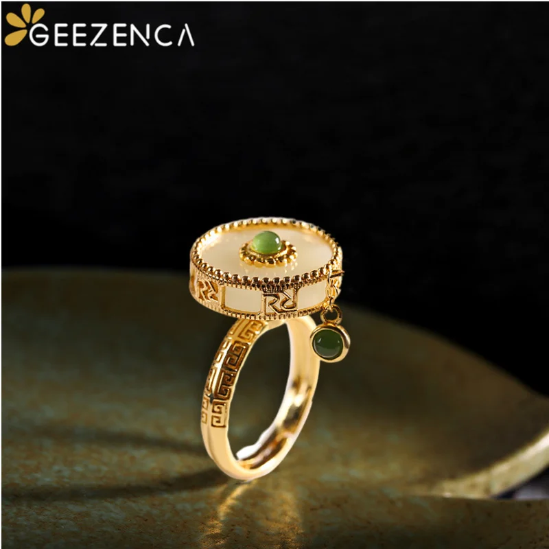 GEEZENCA 925 Sterling Silver Gold Plated Natural Jade Rotating Rings For Women Vintage Luxury Gemstone Lucky Ring 2022 New Trend