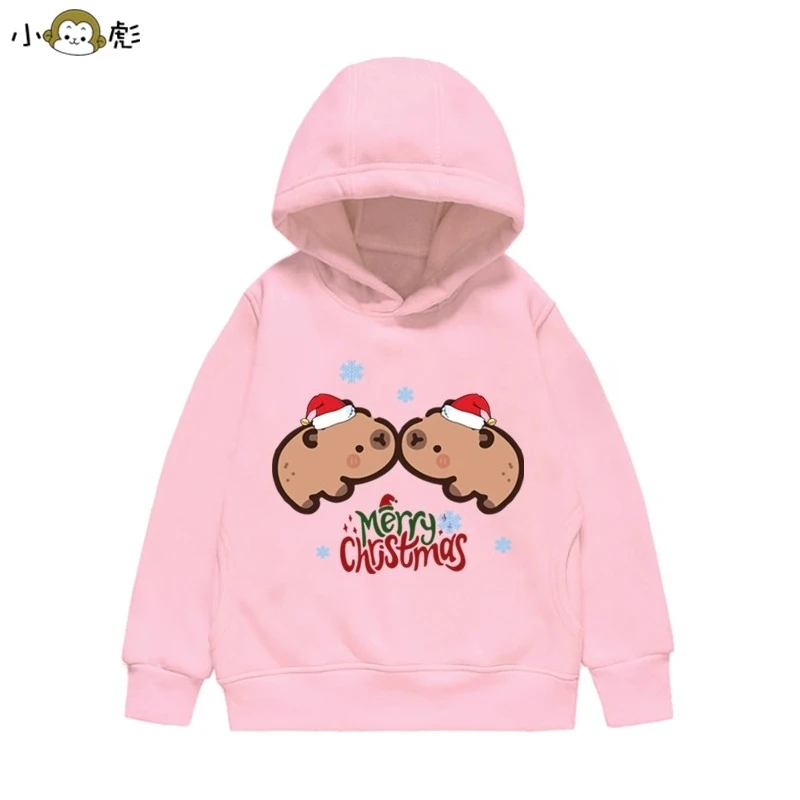 Felpa con cappuccio natalizia con stampa capibara carina per bambini autunno e inverno, pullover comodo da esterno per ragazzi e ragazze