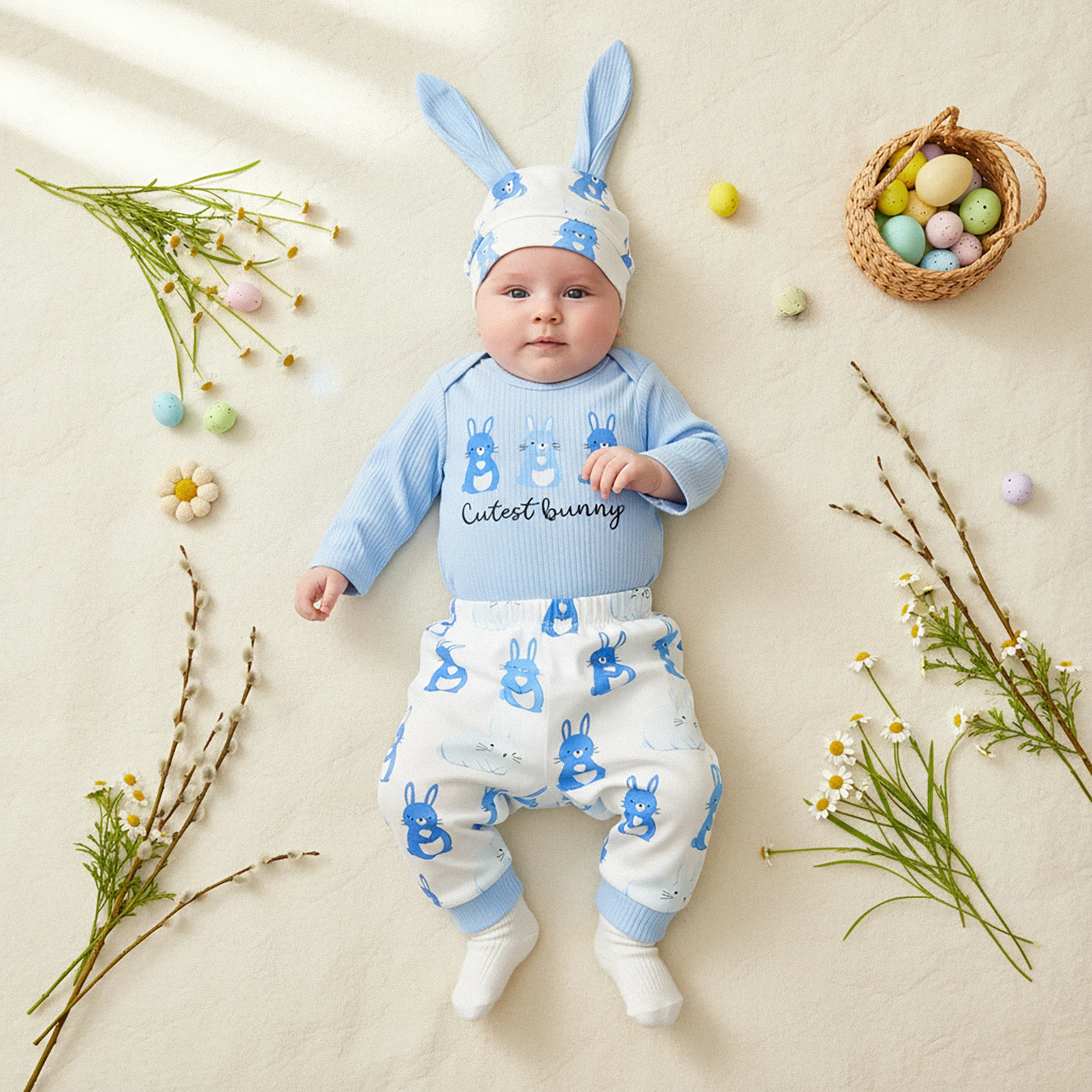 Infant Girls Boys Easter Outfits Long Sleeve Crew Neck Bunny Print Romper Elastic Waist Pants Hat Set Cute Baby Easter Costume